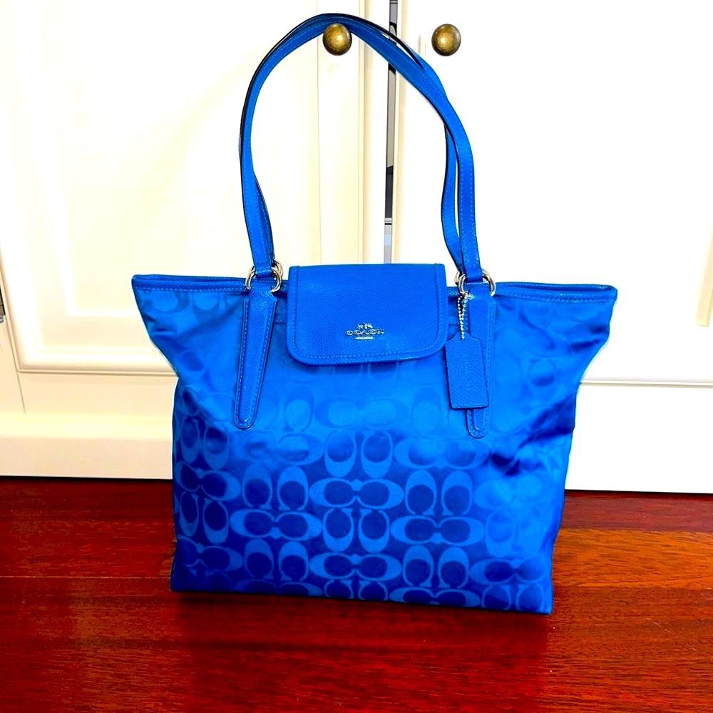 Coach Signature Blue Nylon Leather Bag L1480 33475